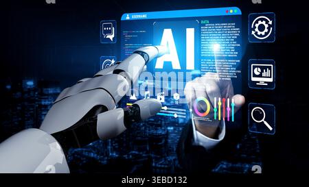 Human-Like Robot Hand Interacting with Futuristic User Interface Displaying Artificial Intelligence Data and Analytics in a Digital Environment Quark. Stock Photo
