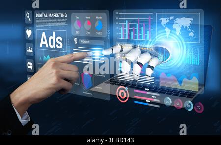 This image showcases a high-tech digital marketing environment with data visualization elements on a laptop screen, highlighting the integration of Stock Photo