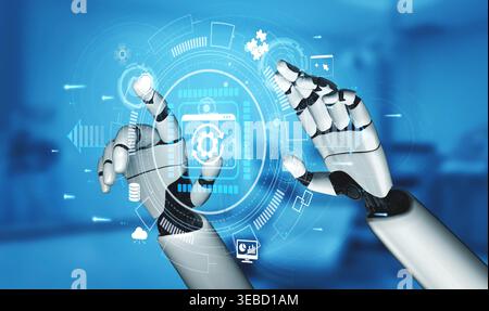Futuristic Robot Hands Interacting with Digital Interface and Technology Symbols in a High-Tech Environment Quark. Stock Photo