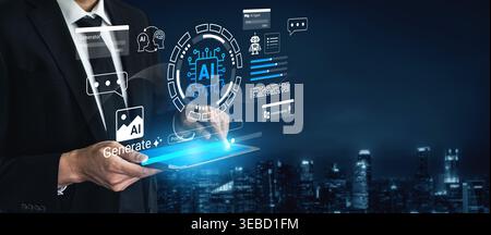 A businessman engages with a tablet displaying advanced artificial intelligence graphics. The scene captures innovative technology against a vibrant Stock Photo