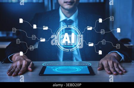 Businessman in Suit Interacting with AI Technology on Tablet Surrounded by Digital Data Connections and Visualizations in Modern Office Environment Stock Photo