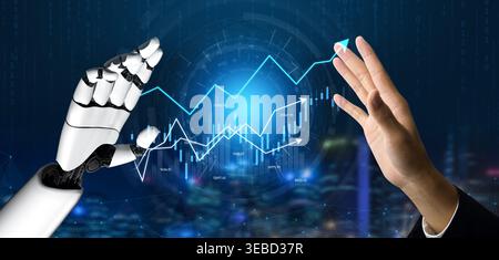 A captivating image showcasing the interaction between a human hand and a robotic hand, symbolizing the fusion of technology and finance through data Stock Photo
