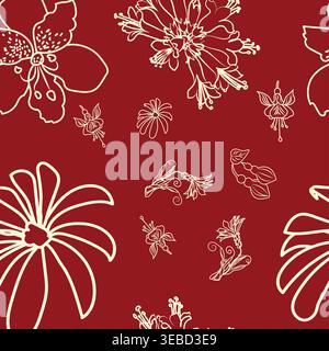 Seamless hand-drawn botanical line art pattern featuring wildflowers and delicate foliage, elegant vector design for textile and stationery Stock Vector