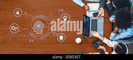 Modern business team explores artificial intelligence strategies through collaborative discussions, utilizing technology icons and data analysis on a Stock Photo