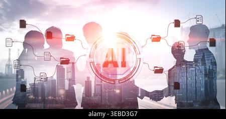 Team Collaboration in Artificial Intelligence Development with Silhouettes and Urban Background Under Bright Sunlight Quark. Stock Photo