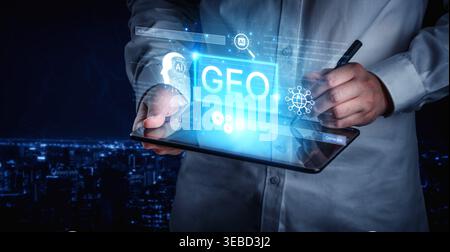 Digital marketing concept featuring GEO strategy. Generative AI search visual shows GEO interface integrating intelligence, logic, and AI input system Stock Photo