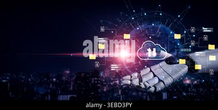 A captivating scene showing a robotic hand engaging with cloud technology and data visualization, symbolizing the future of automation and advanced Stock Photo