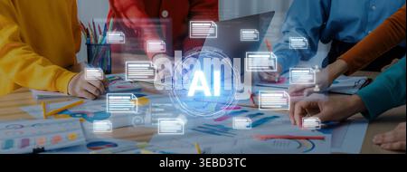 AI document automation concept with floating files and knowledge cards. Document NLP processing, search, document summarization, LLM document Stock Photo