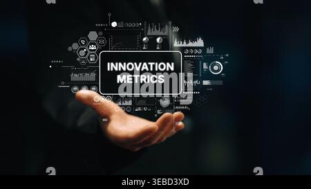 Hand Displaying Innovative Metrics with Graphic Elements Representing Data and Analysis for Business Progress and Success. Asymptotic smart data Stock Photo
