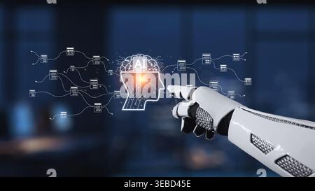 A robotic hand points towards a glowing AI brain graphic, symbolizing the integration of artificial intelligence and technology in modern life Stock Photo