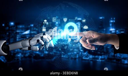 Futuristic Interaction Between Human Hand and Robotic Hand Reaching Out Towards Digital Key Icon Against City Skyline Background Sigmoid Stock Photo