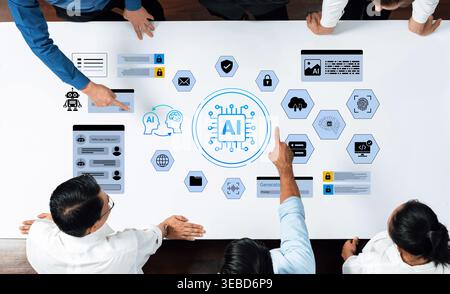 A diverse group of professionals collaborates on an artificial intelligence strategy, surrounded by conceptual icons, showcasing innovative ideas at a Stock Photo