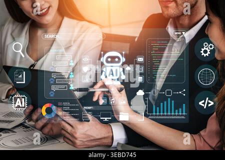 Business professionals collaborating on artificial intelligence project using digital tablets with futuristic technology graphics overlay for Stock Photo