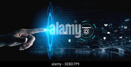 Futuristic Digital Touch Interface with Hand Reaching Out to Data Icons in High-Tech Space Quark. Stock Photo