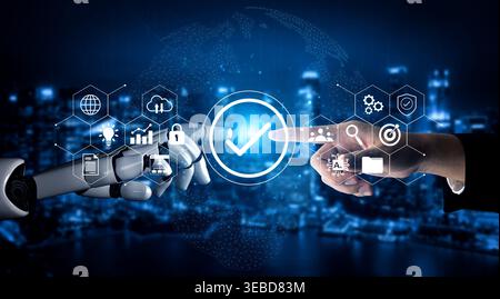 A futuristic scene depicting a human hand and a robot hand reaching towards each other, surrounded by digital icons representing technology and Stock Photo