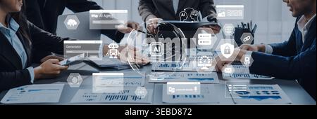 Business Meeting with Artificial Intelligence Integration and Data Analysis Concept in Modern Office Setting Featuring Diverse Professionals Stock Photo