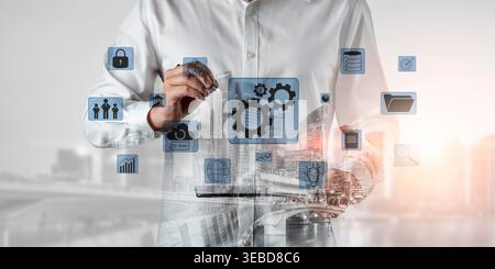 A concept of business operations and enterprise system integration. The components of a company including security, data, and cloud infrastructure Stock Photo
