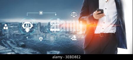 Business Professional Using Smartphone with Innovative AI Technology and Legal Icons, Cityscape Background, Digital Transformation Concept Quark. Stock Photo