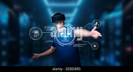This image illustrates a modern concept of AI ethics and digital law, showcasing an individual with virtual reality technology symbolizing important Stock Photo