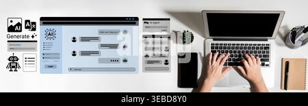 A modern digital workspace featuring a laptop and smartphone with chatbot technology. The image captures the essence of innovation and productivity in Stock Photo