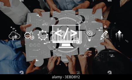 A diverse group of professionals collaborates on software development, surrounded by digital elements that highlight innovation and effective teamwork Stock Photo