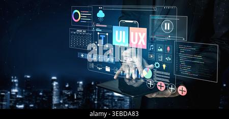 Futuristic User Interface Design Concept Featuring UI and UX Elements with Data Visualization Graphics in a City Skyline Background Fluxor. Stock Photo