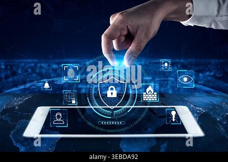 Modern Digital Security Concept with Hand Interacting with Cybersecurity Icons on Tablet Screen Surrounded by Global Data Background Quark. Stock Photo