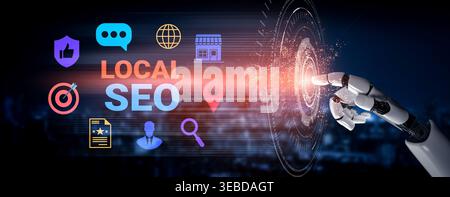 A robotic hand reaches out to engage with various local SEO icons, illustrating the integration of technology in digital marketing strategies for Stock Photo