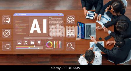 Group of Business Professionals Engaging in Data Analysis with AI Technology Tools on a Modern Conference Table Quark. Stock Photo