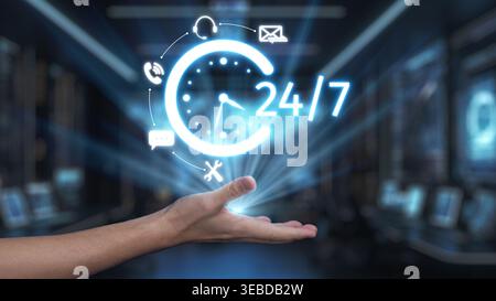 A creative representation of a hand holding a luminous 24-hour service icon featuring a clock and various communication symbols, highlighting Stock Photo