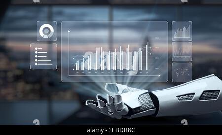 A futuristic robotic arm showcases a high-tech data analytics interface featuring various graphs and charts, illustrating insights in a modern office Stock Photo
