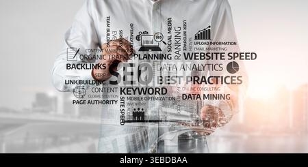 A businessman engages with a digital tablet showcasing SEO strategies and infographics. The image highlights online marketing and website performance Stock Photo