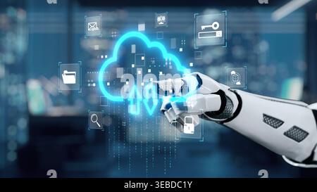 A robotic hand engages with glowing cloud storage symbols in a modern tech setting, illustrating the concept of digital connectivity and data Stock Photo