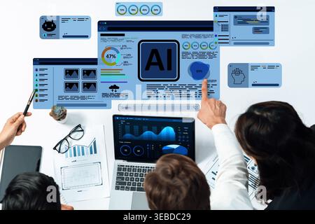 A diverse team collaborates around a digital dashboard displaying AI-generated insights and data analytics, enhancing communication and decision Stock Photo