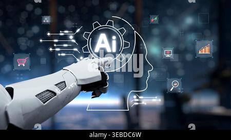 A futuristic robotic hand points towards a glowing AI symbol, surrounded by various digital icons representing technology, data, and innovation in a Stock Photo