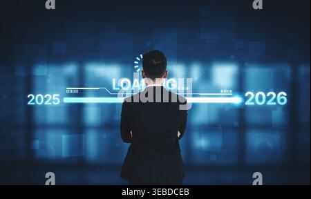Visualizing the shift from 2025 to 2026. Progress bar symbolizing advancement, strategic foresight, yearly goal-setting, and business transformation Stock Photo