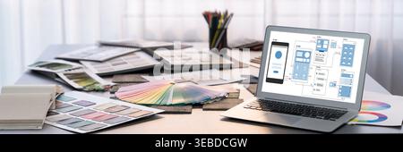 UX UI design process for brisk mobile application and website . Creative prototype of wireframe for professional app developer . Stock Photo