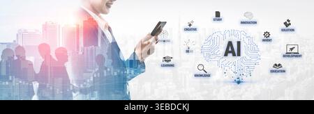 Business professional using smartphone to explore artificial intelligence concept with innovative ideas and solutions in a modern urban landscape Stock Photo