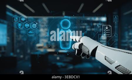 A sleek robotic hand interacts with a glowing holographic user interface in a modern office, showcasing advanced technology and innovative design in a Stock Photo