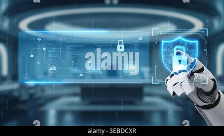 A cutting-edge robot hand interacts with a digital security interface, displaying lock symbols and technology graphics in a modern cyber environment Stock Photo