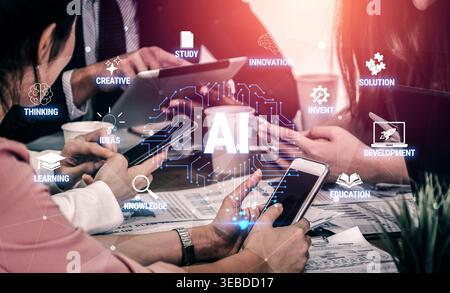 Collaborative Business Meeting Focusing on Artificial Intelligence Concepts with Diverse Professionals Engaging in Creative Discussion and Innovation Stock Photo