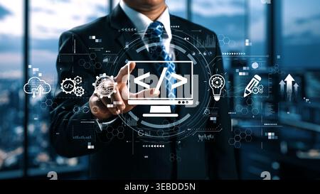Modern web development concept featuring coding symbols, web development process, web development interface, and web development tools with futuristic Stock Photo