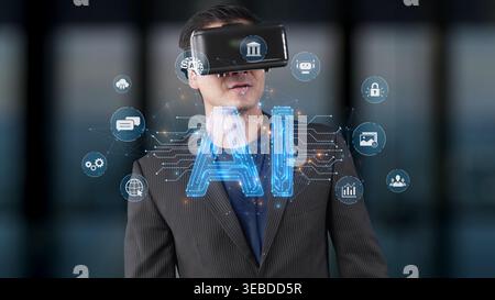 A young man engages with virtual reality technology, exploring artificial intelligence concepts amidst interface icons, showcasing modern advancements Stock Photo