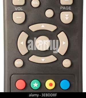central navigation and volume control buttons on matte black plastic remote control isolated white background, functional rubber buttons and colored Stock Photo