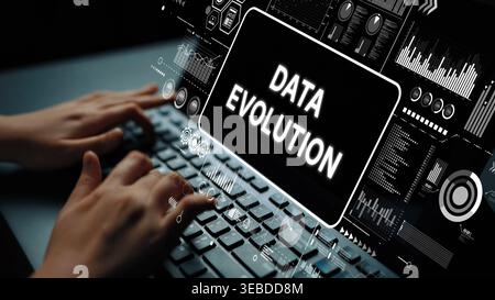 Hands Typing on Keyboard with Data Evolution Text and Digital Graphics Representing Information Transformation. Asymptotic smart data analytic. Stock Photo