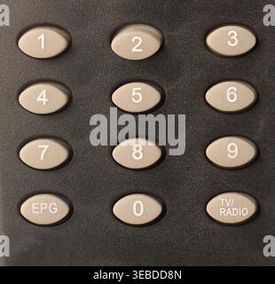 numeric keypad on matte black plastic remote control, oval grey rubber buttons with white numbers and labels, top view closeup in full frame Stock Photo