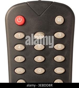 red power button and grey mute keys on matte black textured plastic remote control isolated white background, rounded upper edge of the device Stock Photo