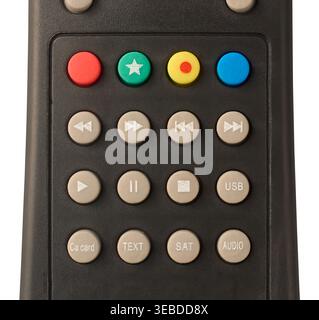 playback and functional buttons on matte black plastic remote control isolated white background, colored buttons and grey rubber keys with text labels Stock Photo