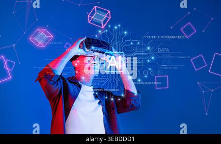 Explore the future of technology as a young man engages with virtual reality, surrounded by AI elements and digital data visualizations, representing Stock Photo