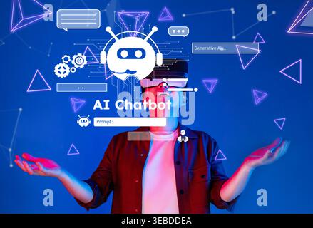 A person engages with a digital interface showcasing an AI chatbot, illustrating the concepts of generative technology and automation in a futuristic Stock Photo